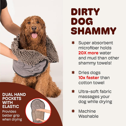 Dog Gone Smart the Dirty Dog Shammy - Antimicrobial Microfiber Dog Towel for Odor Control, Fast-Drying Plush, Dual Hand Pockets & Elastic, Super Absorbent, Machine Washable, 31 X 13 In, Grey