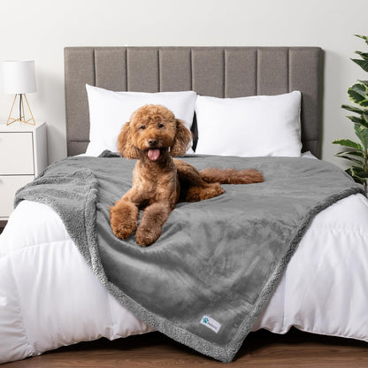 Waterproof Dog Blanket for Couch, Queen 90X90, Pee Proof Sherpa Fleece Reversible Pet Throw, Furniture Protector for Bed Sofa, Soft Washable Cover for Large Dogs Cats, Light Grey