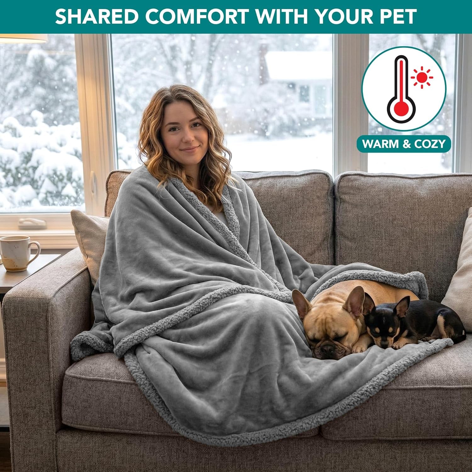 Waterproof Dog Blanket for Couch, Queen 90X90, Pee Proof Sherpa Fleece Reversible Pet Throw, Furniture Protector for Bed Sofa, Soft Washable Cover for Large Dogs Cats, Light Grey