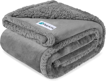 Waterproof Dog Blanket for Couch, Queen 90X90, Pee Proof Sherpa Fleece Reversible Pet Throw, Furniture Protector for Bed Sofa, Soft Washable Cover for Large Dogs Cats, Light Grey