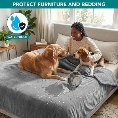 Waterproof Dog Blanket for Couch, Queen 90X90, Pee Proof Sherpa Fleece Reversible Pet Throw, Furniture Protector for Bed Sofa, Soft Washable Cover for Large Dogs Cats, Light Grey